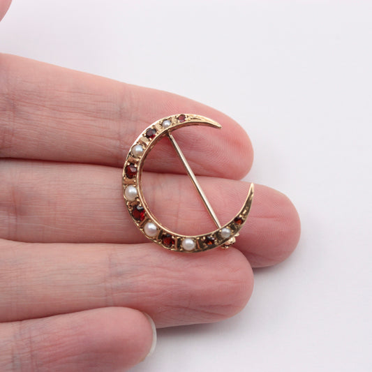 Vintage 9ct Gold Garnet and Pearl Crescent Moon Brooch, 1981