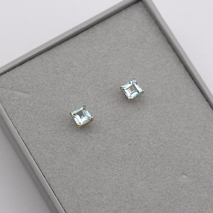 Pre-owned 9ct Gold Square Blue Topaz Stud Earrings, 4mm