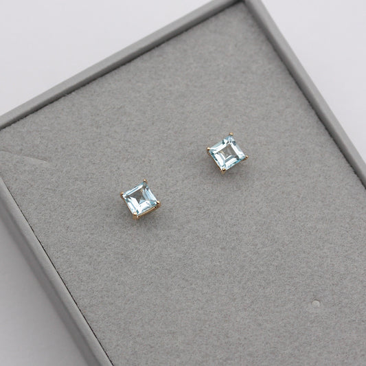 Pre-owned 9ct Gold Square Blue Topaz Stud Earrings, 4mm