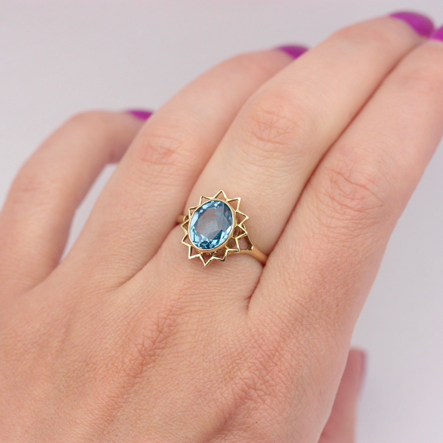 Vintage 9ct Gold Blue Topaz Sun Burst Ring, 1979