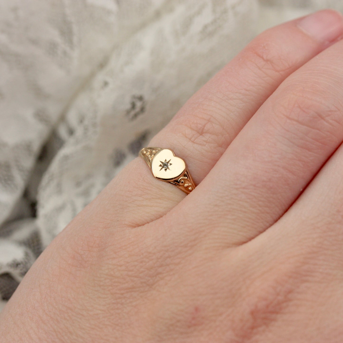 Small Pre-owned 9ct Gold and Diamond Heart Signet Ring, Size G 1/2