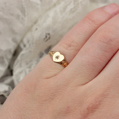 Small Pre-owned 9ct Gold and Diamond Heart Signet Ring, Size G 1/2