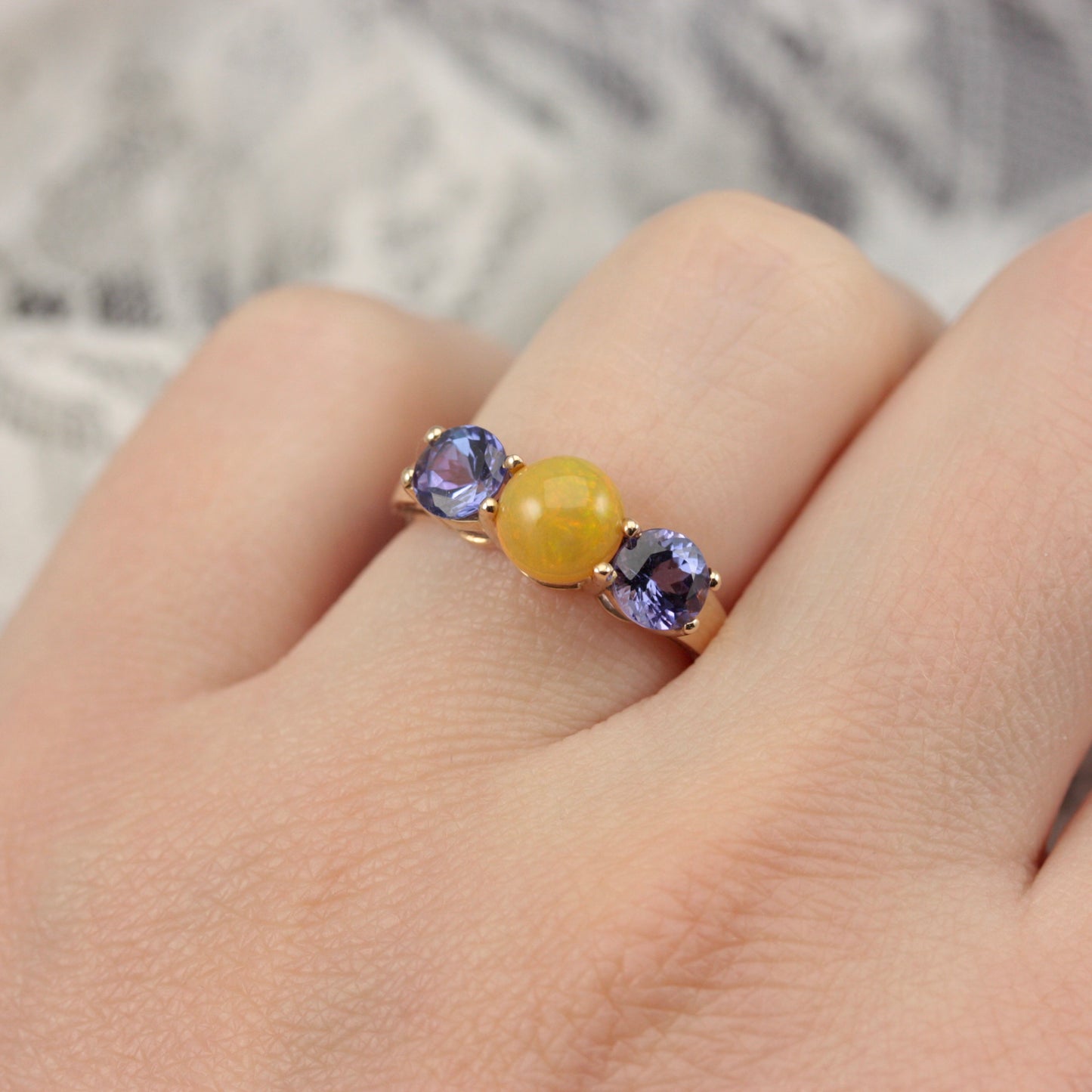 Pre-owned 9ct Gold, Tanzanite and Yellow Opal Three Stone Ring