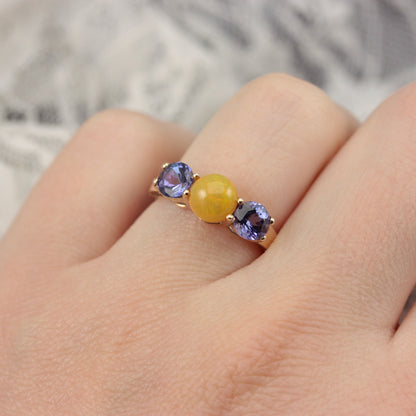Pre-owned 9ct Gold, Tanzanite and Yellow Opal Three Stone Ring