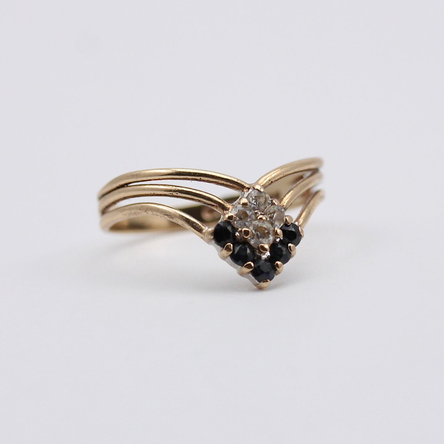 Vintage 9ct Gold Black and White CZ Wishbone Ring, 1988