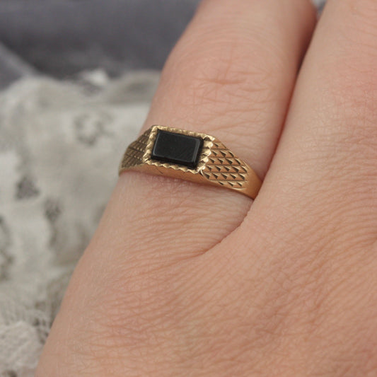 Vintage 9ct Gold Onyx Bar Textured Signet Ring, 1990