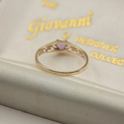 Dainty Late Vintage 9ct Gold and Amethyst Heart Ring