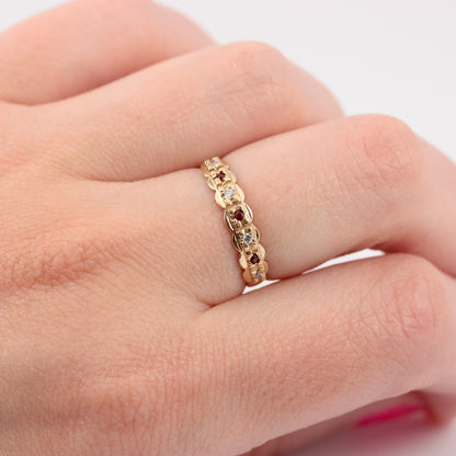 Vintage 9ct Gold Garnet and CZ Scallop Edge Ring, 1997