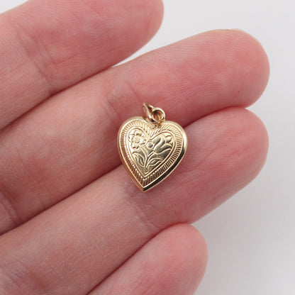 Vintage 9ct Gold Floral Engraved Heart Charm