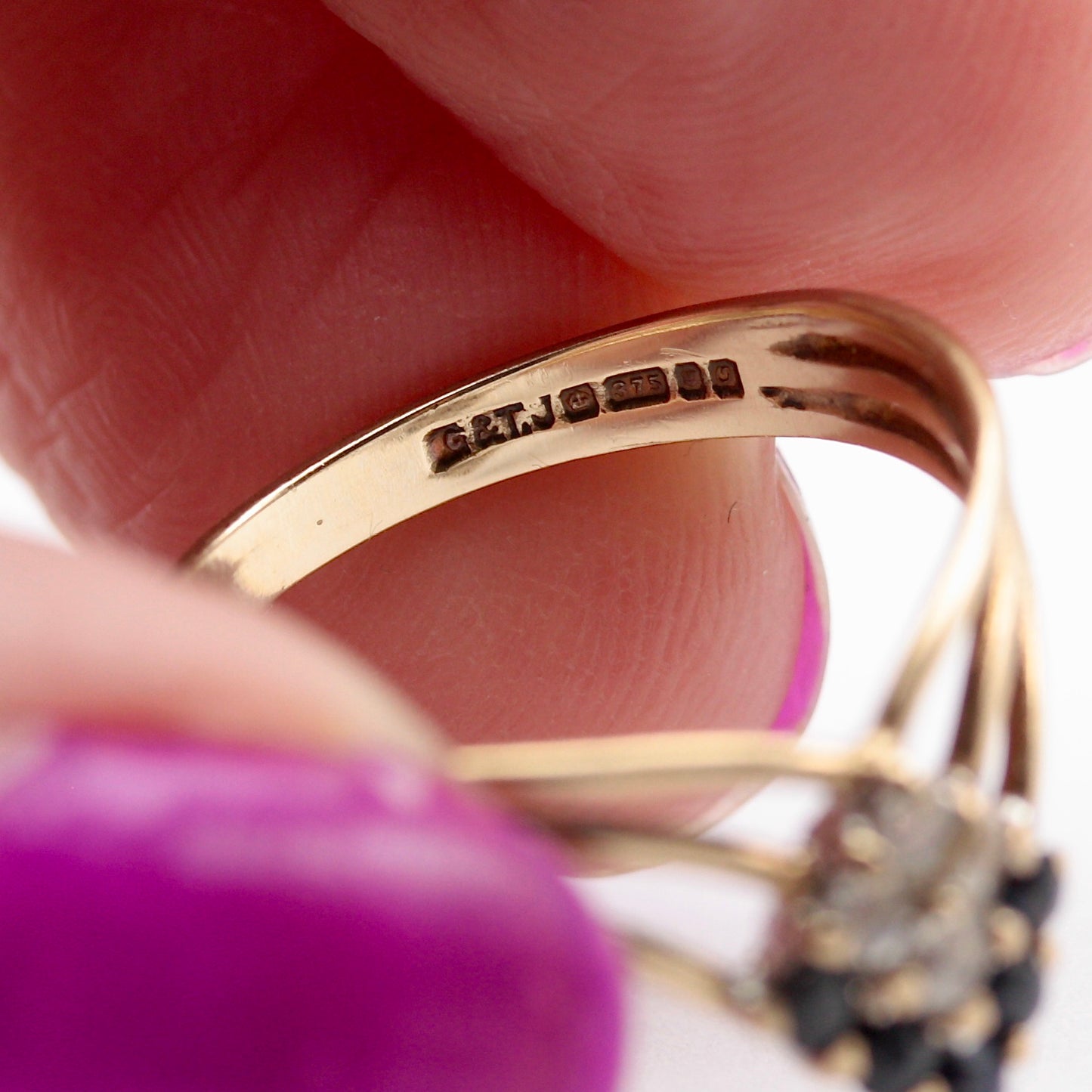 Vintage 9ct Gold Black and White CZ Wishbone Ring, 1988