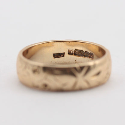 Vintage 9ct Gold Floral Patterned Band Ring, 1970