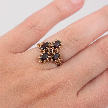 Vintage 9ct Gold Ornate Garnet Ring, 1973