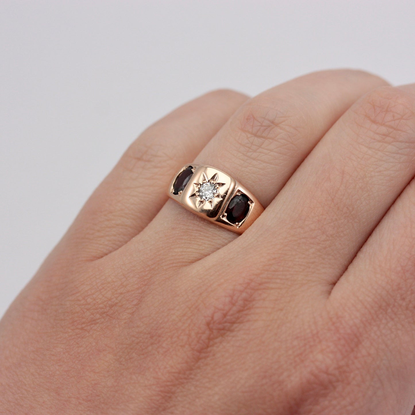 Antique Edwardian 9ct Gold, Diamond and Garnet Gypsy Ring, 1905