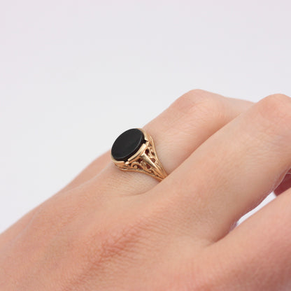 Vintage 9ct Gold Onyx Ring with Ornate Setting, 1975