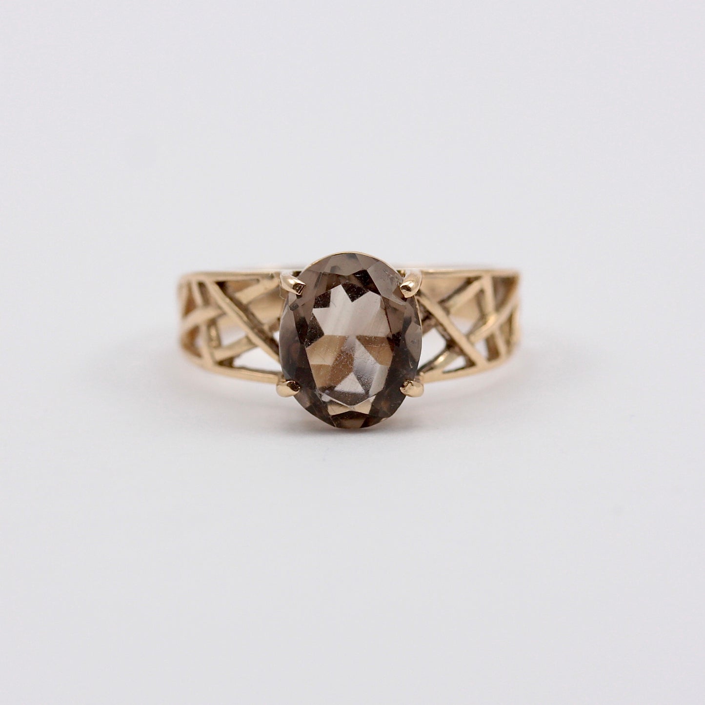 Vintage 9ct Gold Smoky Quartz Basket Weave Ring, 1979