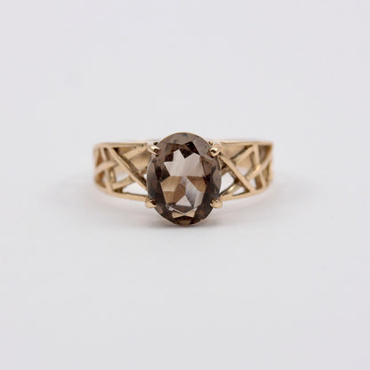 Vintage 9ct Gold Smoky Quartz Basket Weave Ring, 1979