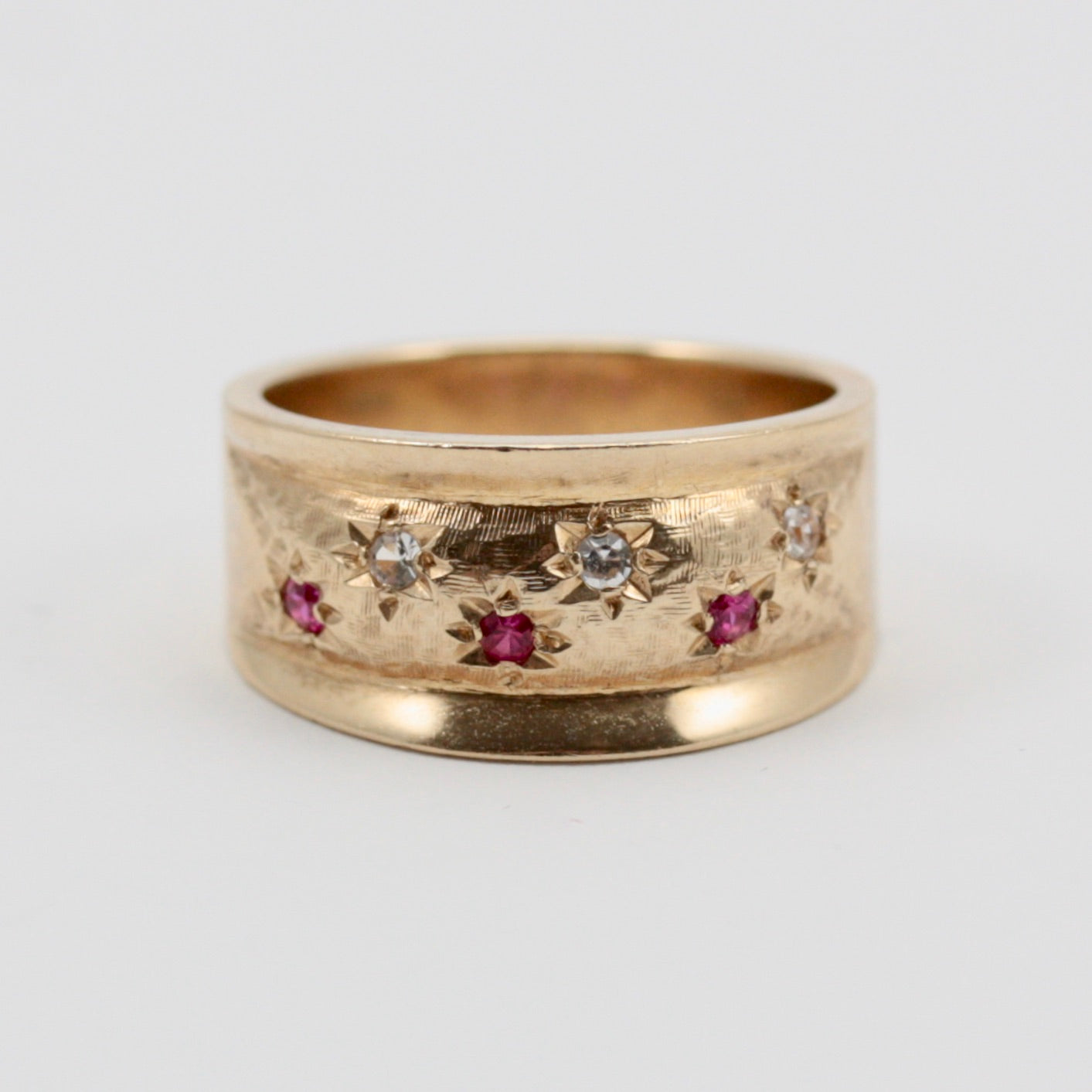 Vintage 9ct Gold Star Set Gemstone Wide Band Ring, 1962