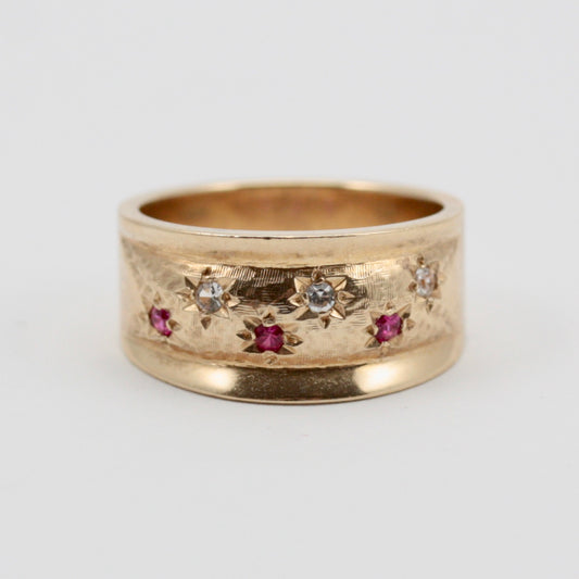 Vintage 9ct Gold Star Set Gemstone Wide Band Ring, 1962