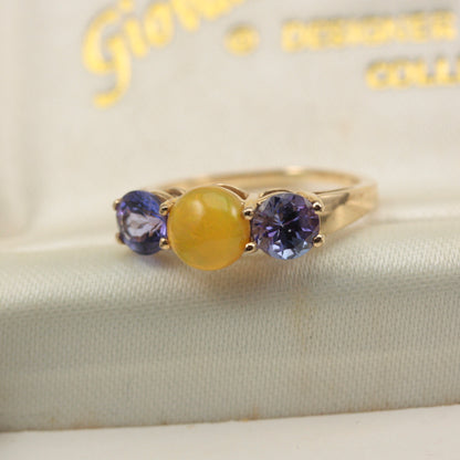 Pre-owned 9ct Gold, Tanzanite and Yellow Opal Three Stone Ring