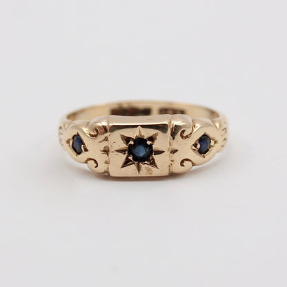 vintage 9ct gold sapphire three stone ring star setting 1976