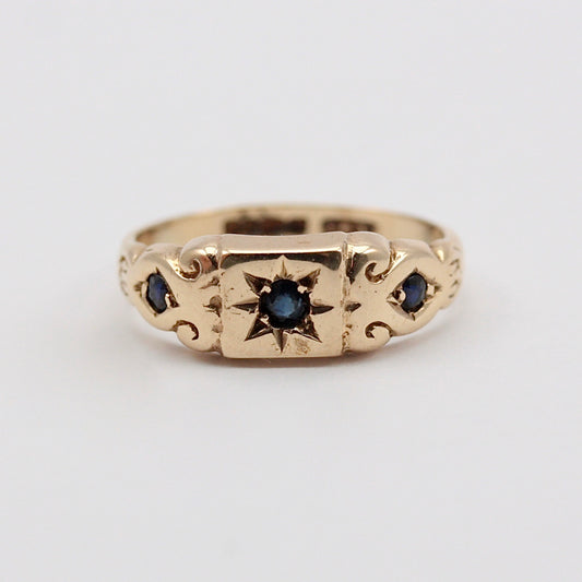 vintage 9ct gold sapphire three stone ring star setting 1976