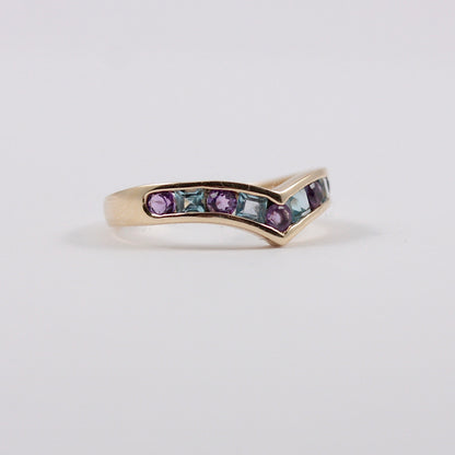 Pre-owned 9ct Gold Amethyst and Blue Topaz Wishbone Ring