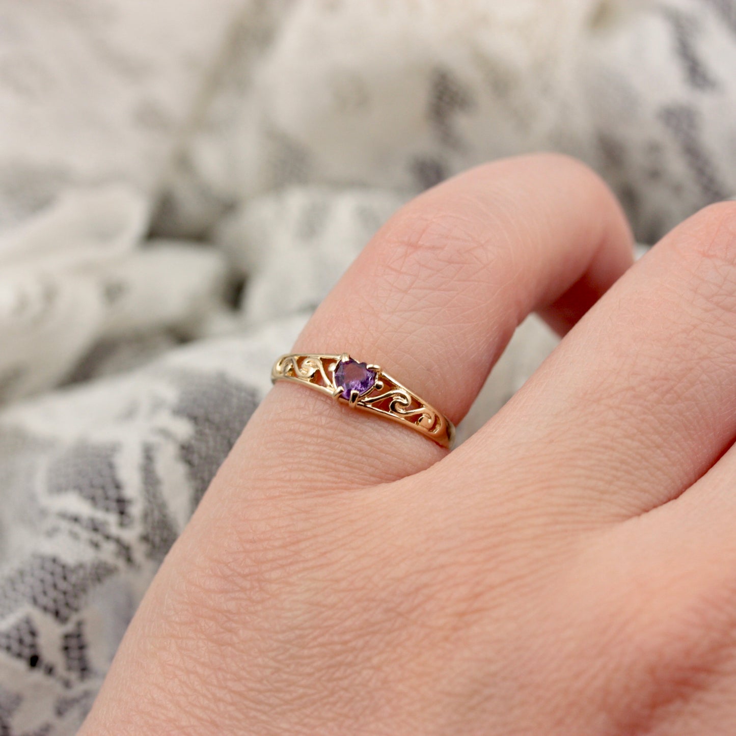 Dainty Late Vintage 9ct Gold and Amethyst Heart Ring