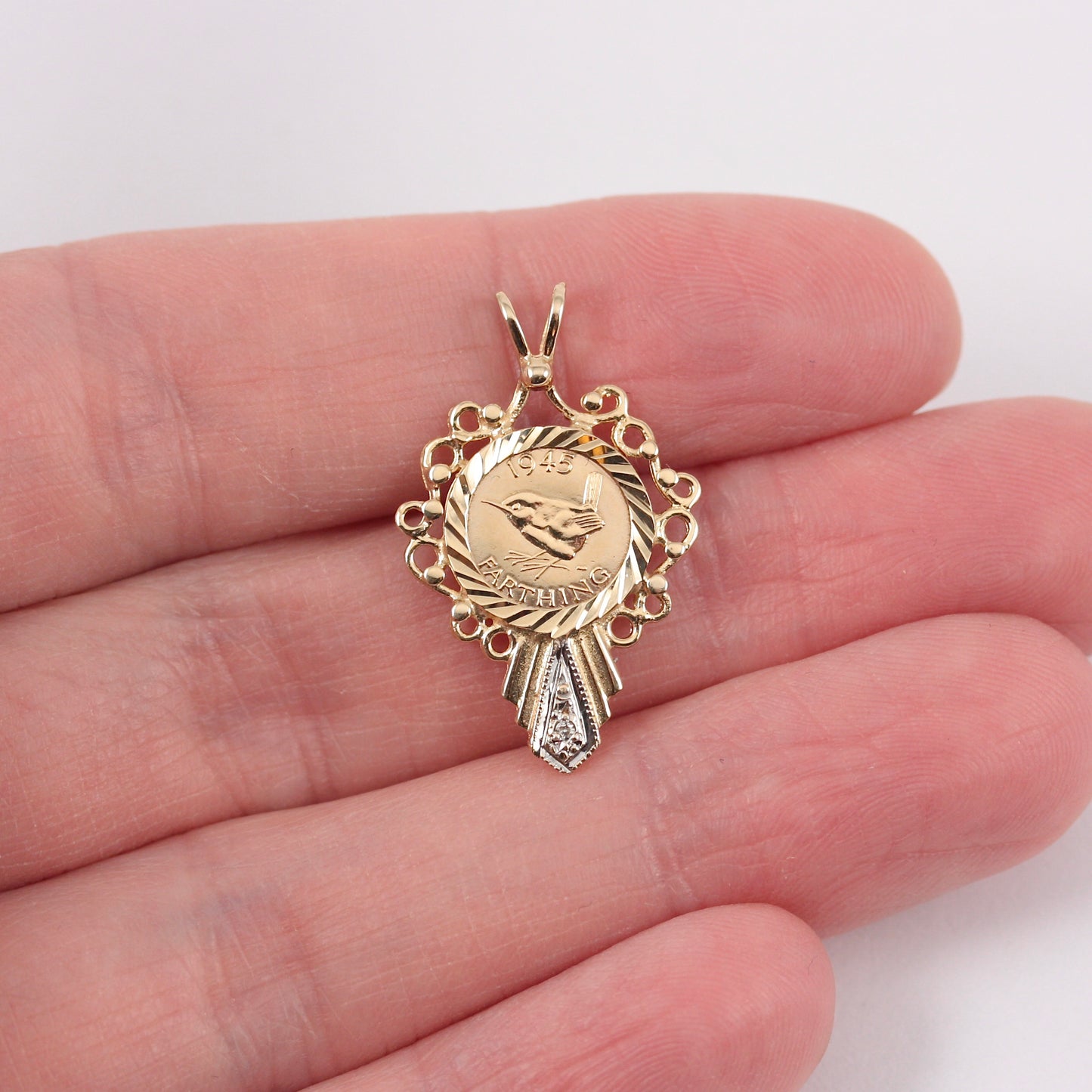 Vintage 9ct Gold Framed Farthing Coin Style Pendant with Diamond, 1991