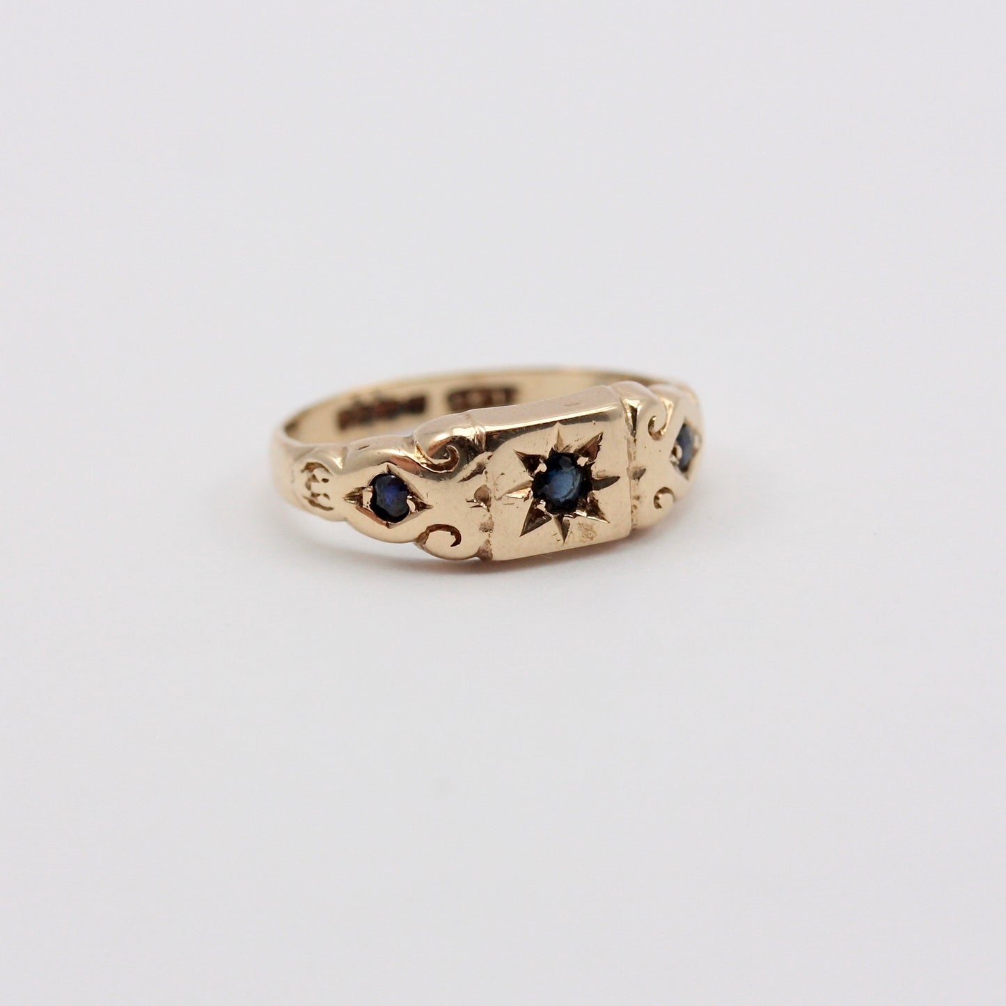 Vintage 9ct Gold Star Set Sapphire Three Stone Ring, 1976