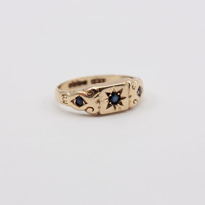 Vintage 9ct Gold Star Set Sapphire Three Stone Ring, 1976