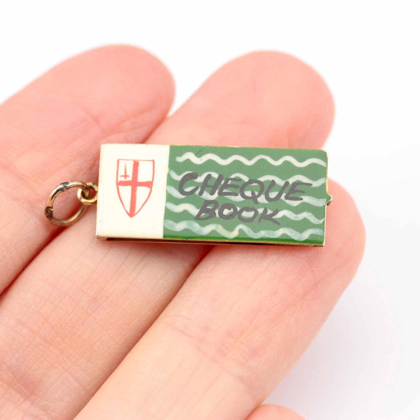 Vintage 9ct Gold and Enamel Cheque Book Charm, 1964