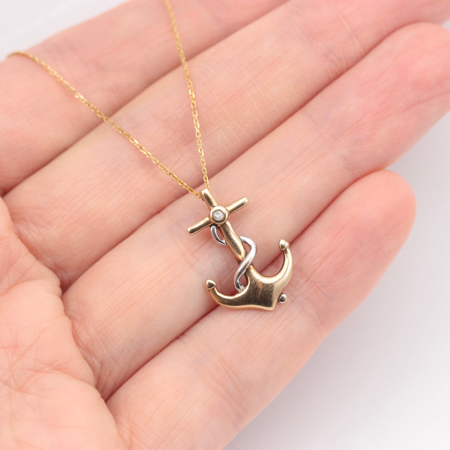 Late Vintage Two Tone 9ct Gold Anchor Pendant with Diamond