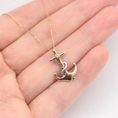 Late Vintage Two Tone 9ct Gold Anchor Pendant with Diamond