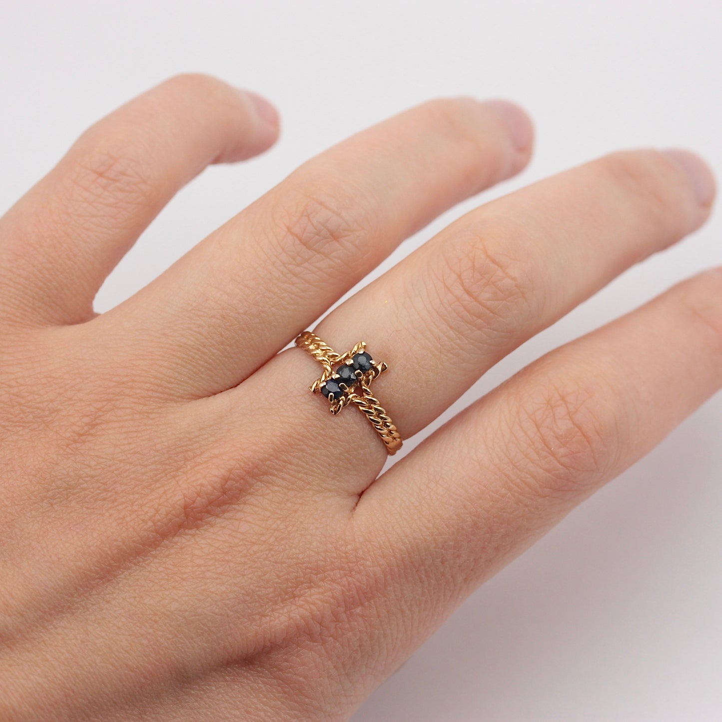 Vintage 9ct Gold Vertical Three Stone Rope Ring, 1978