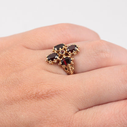Vintage 9ct Gold Ornate Garnet Ring, 1973