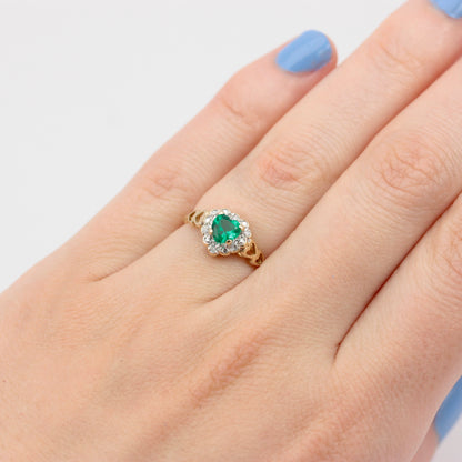 Vintage 9ct Gold Synthetic Emerald & Diamond Heart Cluster Ring