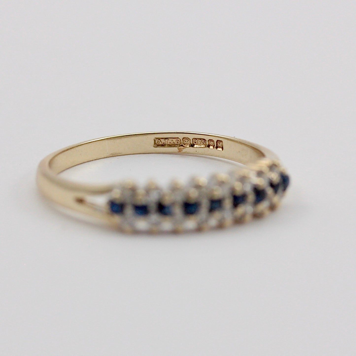 Vintage 9ct Gold Diamond Sapphire 3 Row Band Ring, 1986