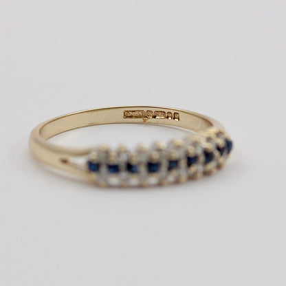 Vintage 9ct Gold Diamond Sapphire 3 Row Band Ring, 1986