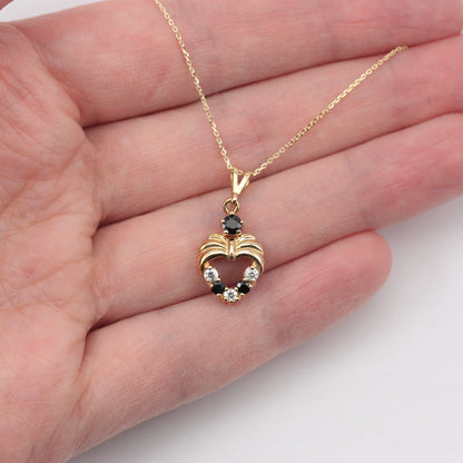 Vintage 9ct Gold Sapphire + CZ Open Heart Pendant with Chain, 1992