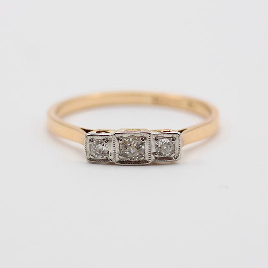Art Deco 18ct Gold Platinum & Diamond Three Stone Ring