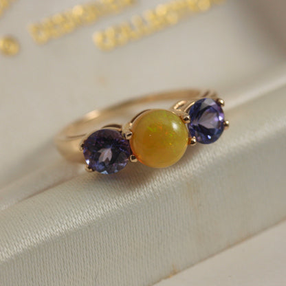 Pre-owned 9ct Gold, Tanzanite and Yellow Opal Three Stone Ring