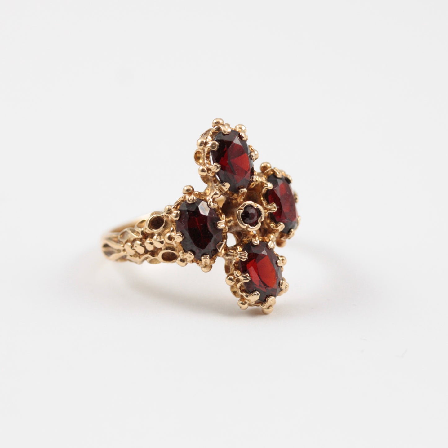 Vintage 9ct Gold Ornate Garnet Ring, 1973