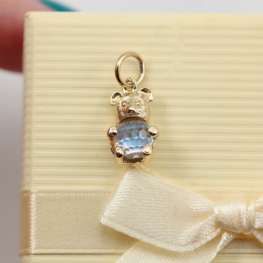 Tiny Vintage 9ct Gold Teddy Bear Charm with Aurora Borealis Crystal Belly, 1989