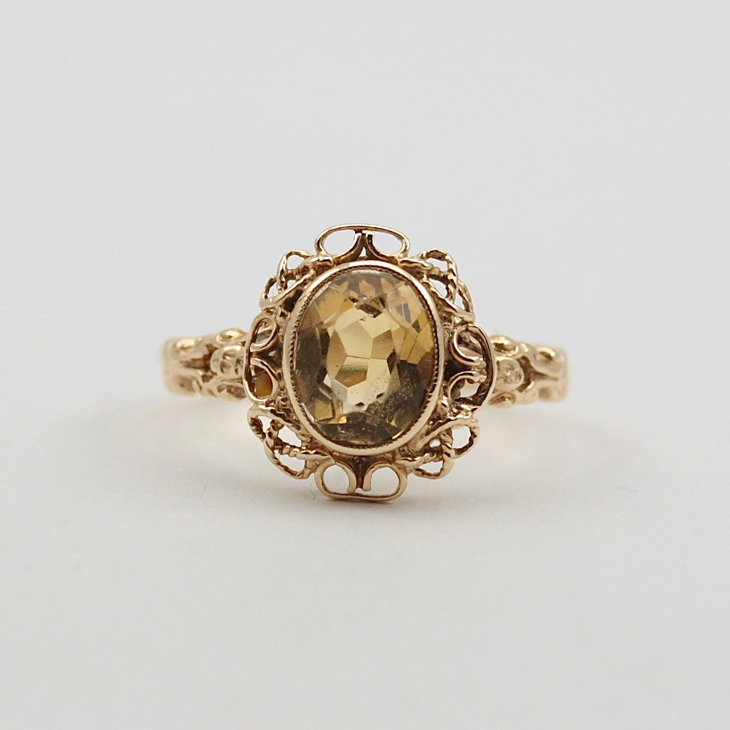 Vintage 9ct Gold Fancy Framed Citrine Ring 