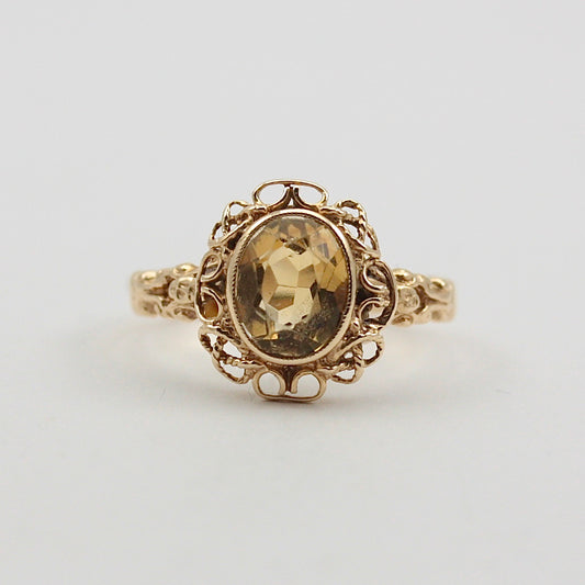 Vintage 9ct Gold Fancy Framed Citrine Ring 
