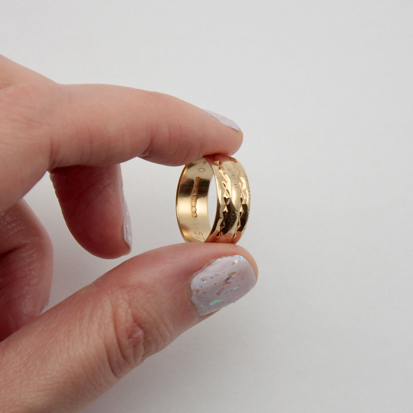 Vintage 9ct Gold Wide Patterned Band Ring, 7mm, 1973