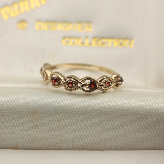 Vintage 9ct Gold and Garnet Fancy Band Ring, 1980