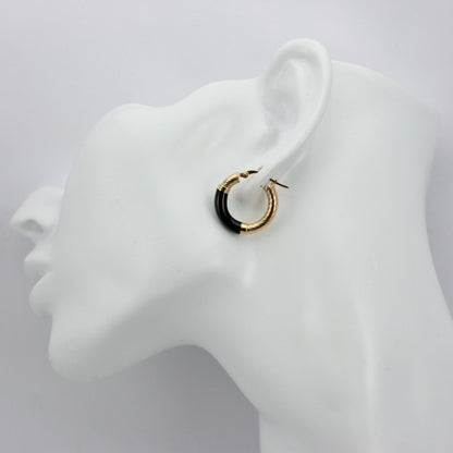 Vintage 9ct Gold & Black Enamel Hoop Earrings, 1993