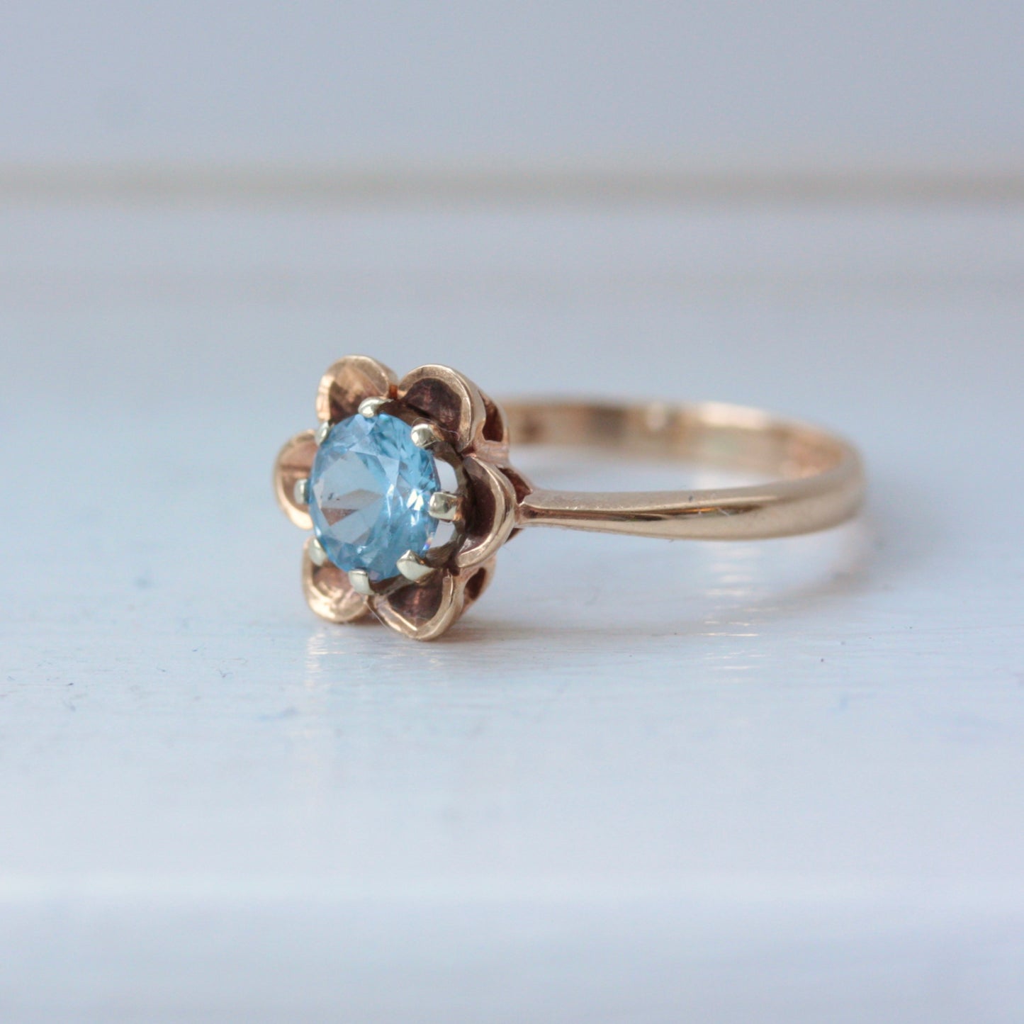 Vintage 9ct Gold Blue Topaz Flower Ring, 1976