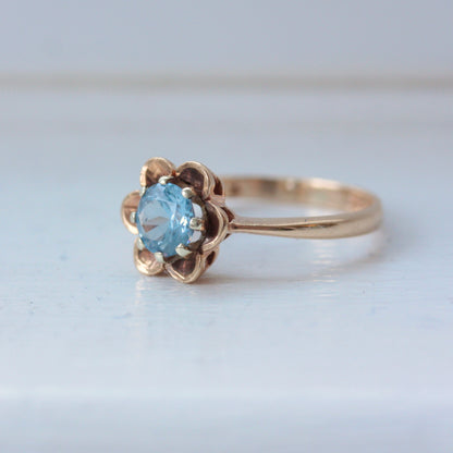 Vintage 9ct Gold Blue Topaz Flower Ring, 1976
